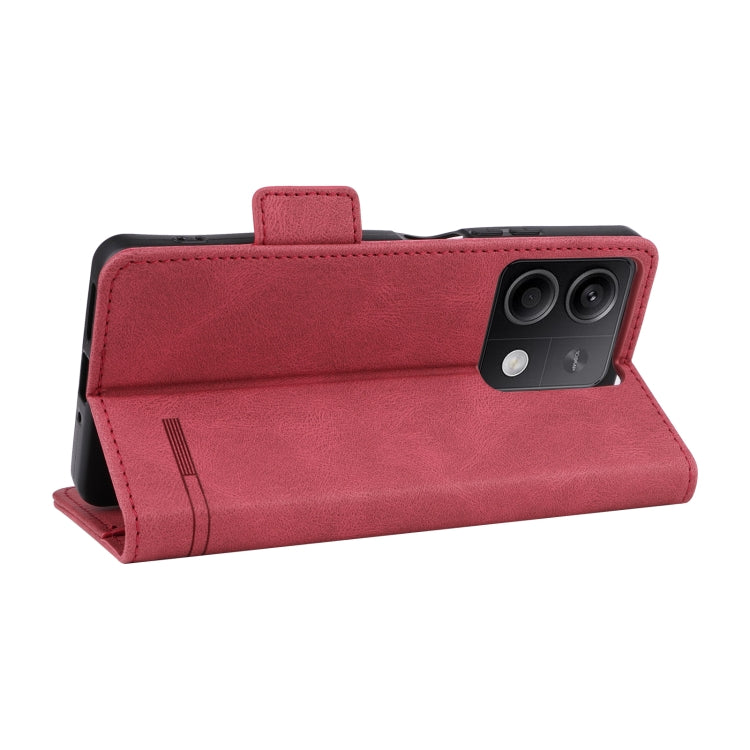 Red magnetic clasp leather phone case for Xiaomi Redmi Note 13 5G, showcasing its sleek design and functional features.