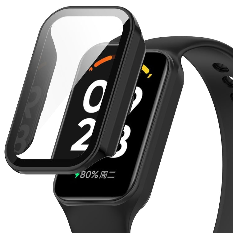 Protective case for Xiaomi Smart Band 8 Active and Redmi Band 2 made of PC and tempered glass, showcasing its sleek design and full coverage.