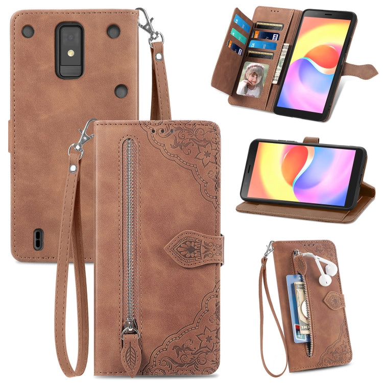 Brown embossed flower zipper leather phone case for ZTE Blade A32, showcasing its elegant design and practical features.