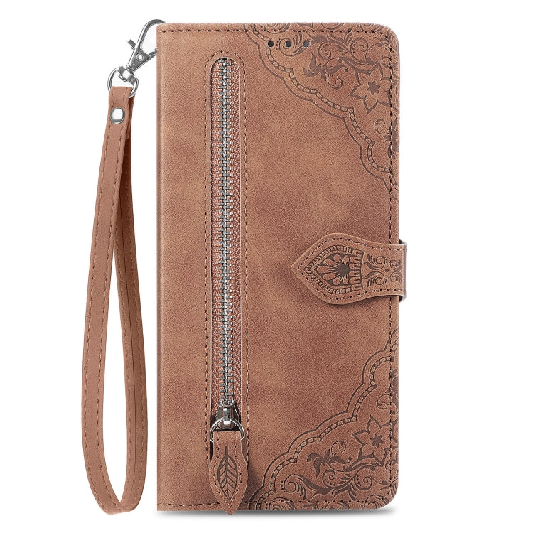 Brown embossed flower zipper leather phone case for ZTE Blade A32, showcasing its elegant design and practical features.