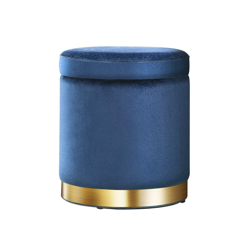 Round velvet storage ottoman with tufted seat and gold stainless-steel rings, perfect for footrest and seating.