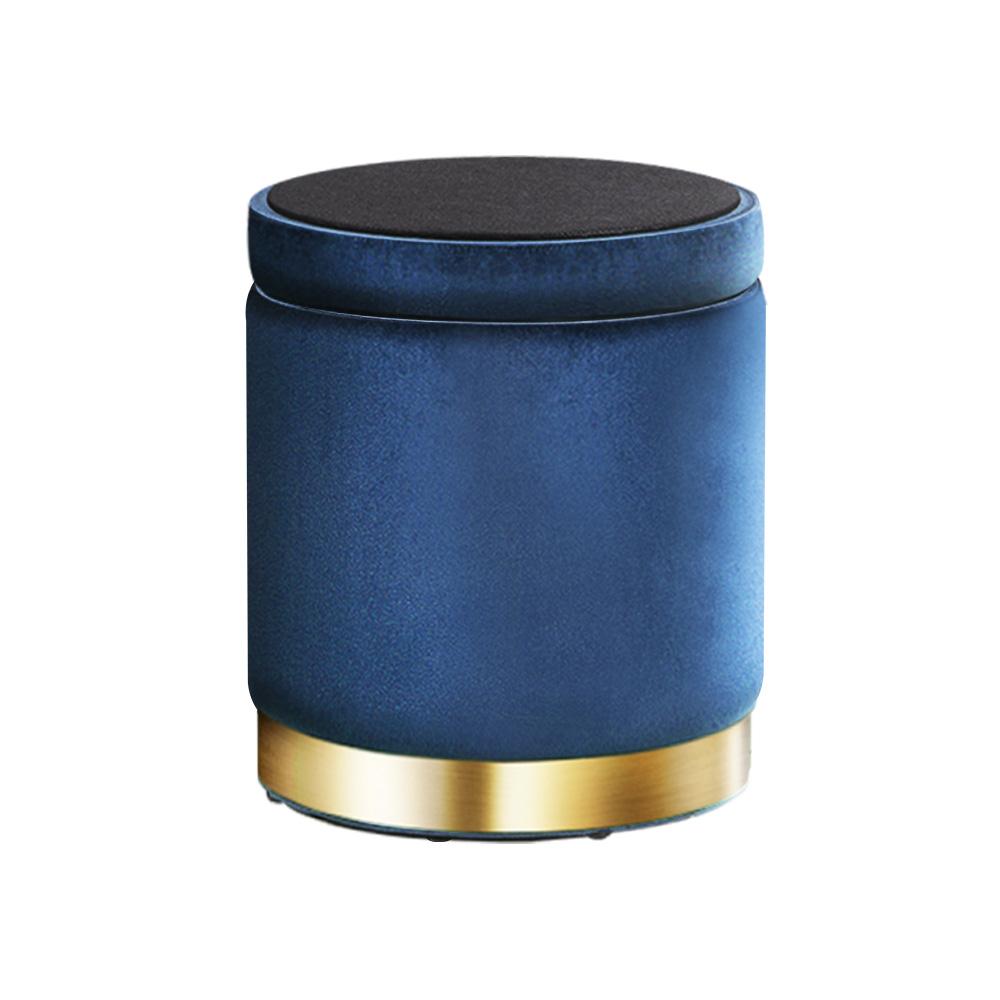 Round velvet storage ottoman with tufted seat and gold stainless-steel rings, perfect for footrest and seating.