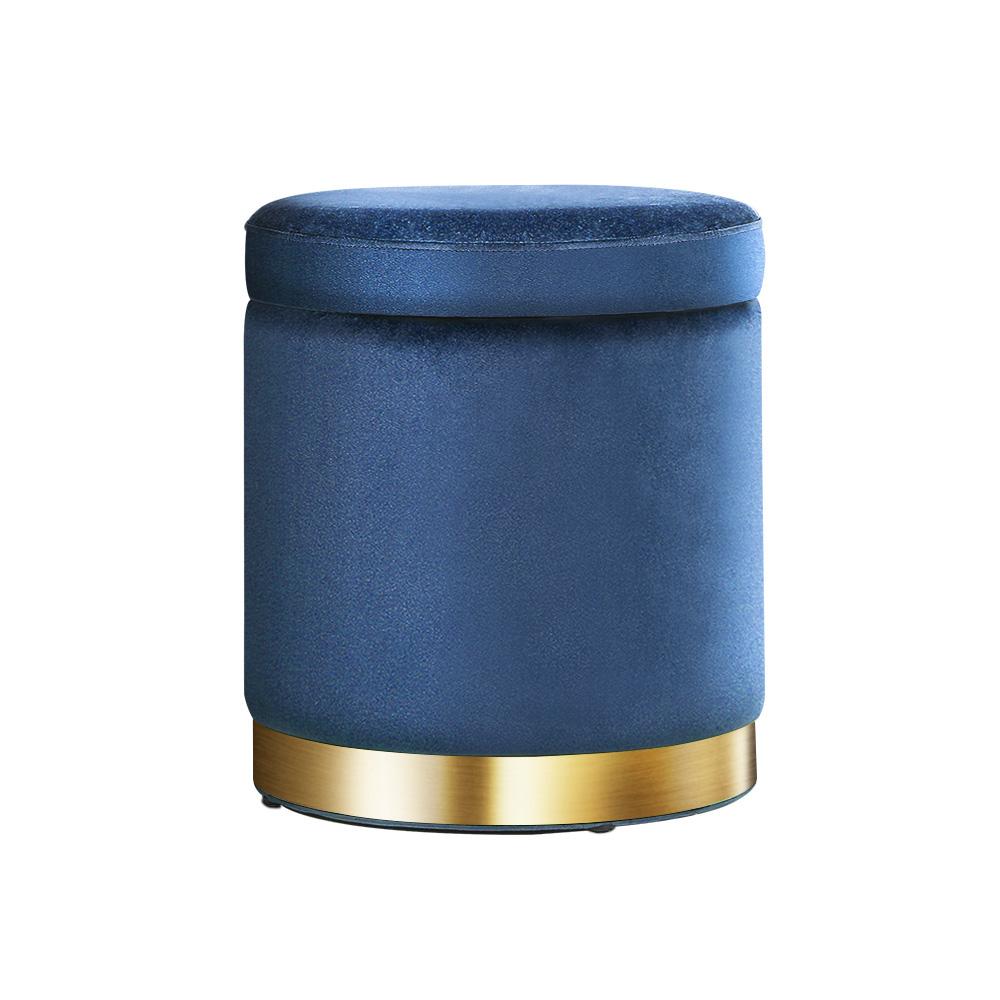 Round velvet storage ottoman with tufted seat and gold stainless-steel rings, perfect for footrest and seating.