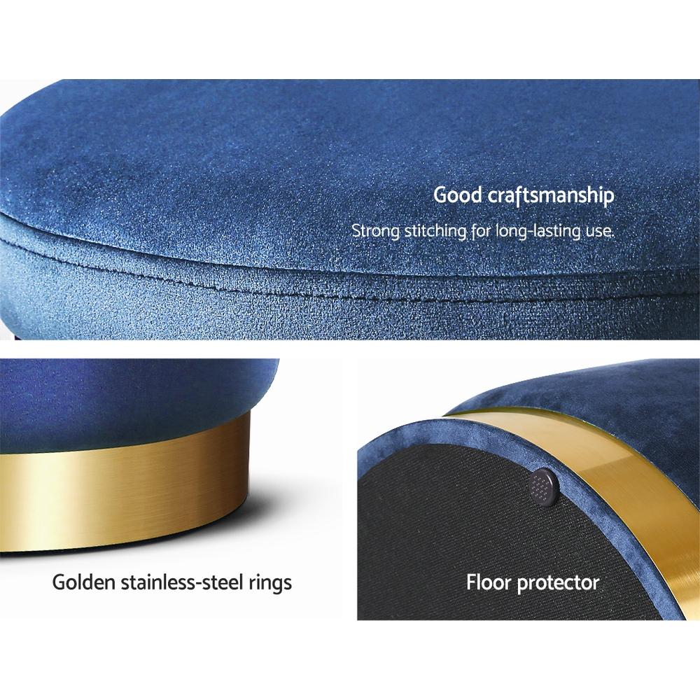 Round velvet storage ottoman with tufted seat and gold stainless-steel rings, perfect for footrest and seating.