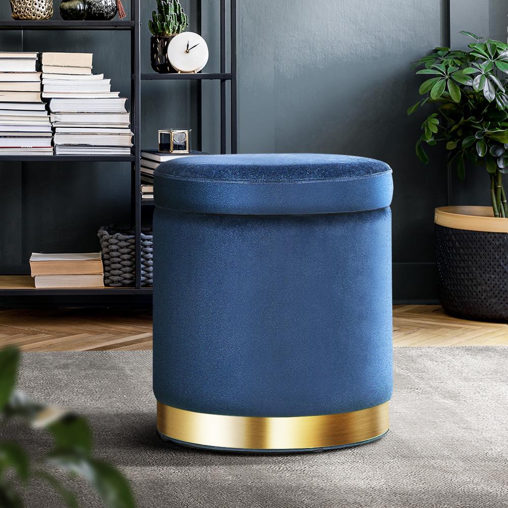 Round velvet storage ottoman with tufted seat and gold stainless-steel rings, perfect for footrest and seating.