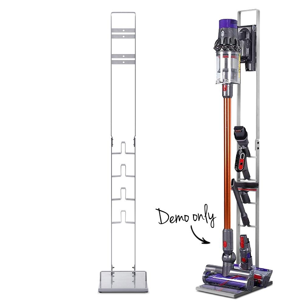 Freestanding Dyson vacuum stand rack holder in silver, designed for cordless handheld cleaners, showcasing its sturdy cast iron construction and compact design.