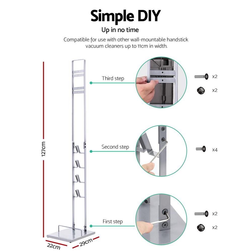 Freestanding Dyson vacuum stand rack holder in silver, designed for cordless handheld cleaners, showcasing its sturdy cast iron construction and compact design.