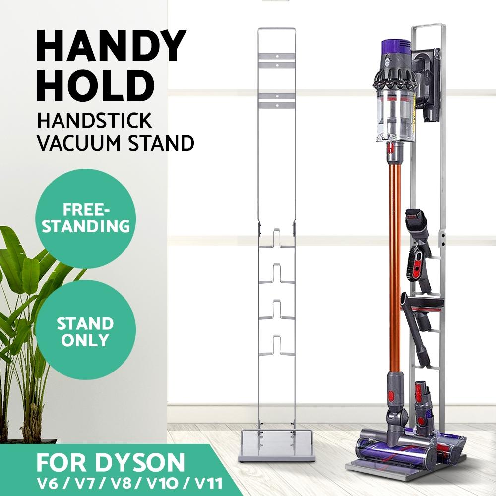 Freestanding Dyson vacuum stand rack holder in silver, designed for cordless handheld cleaners, showcasing its sturdy cast iron construction and compact design.