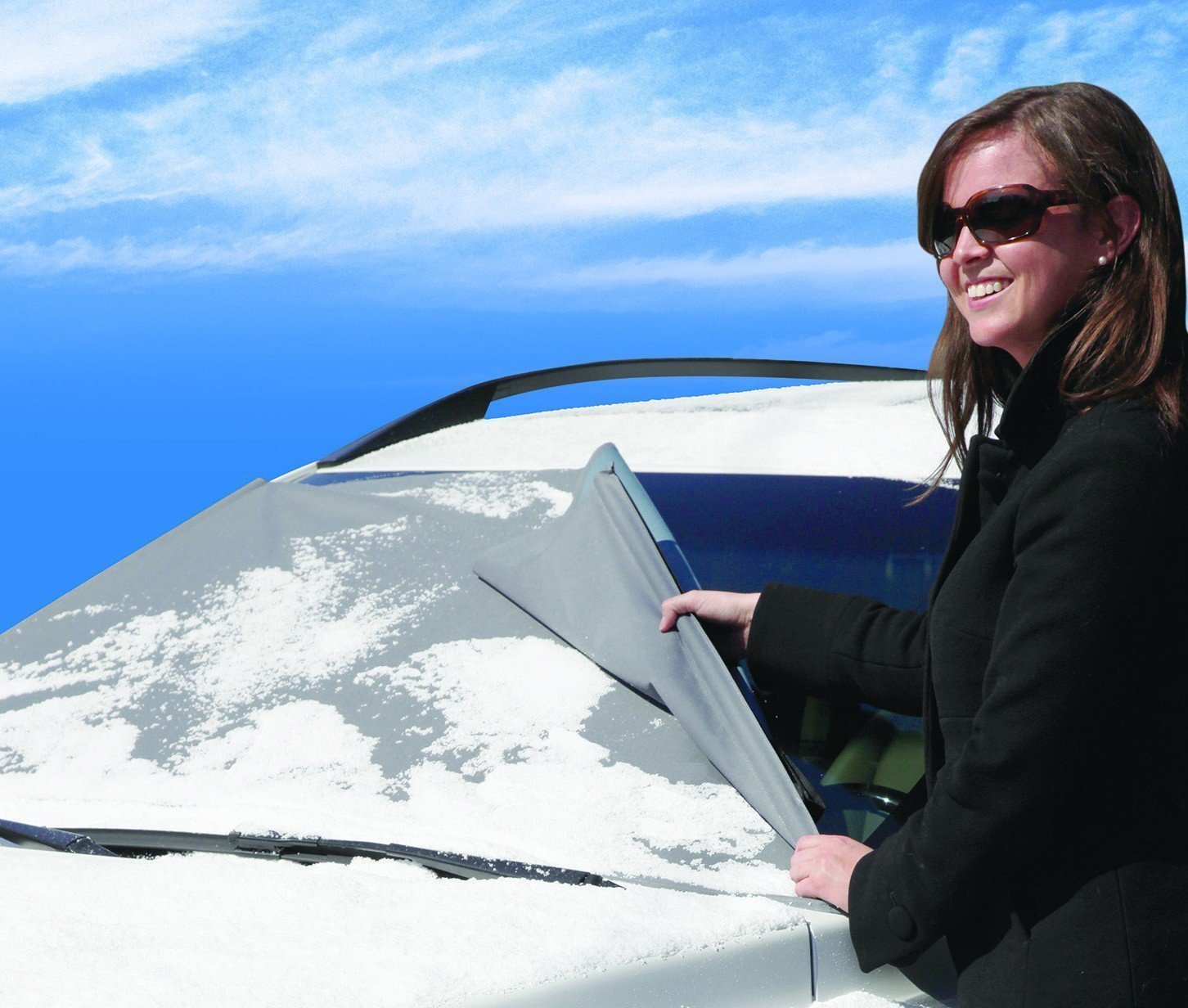 Frost Blocker exterior shade protecting a car windscreen and side mirrors from frost and snow.