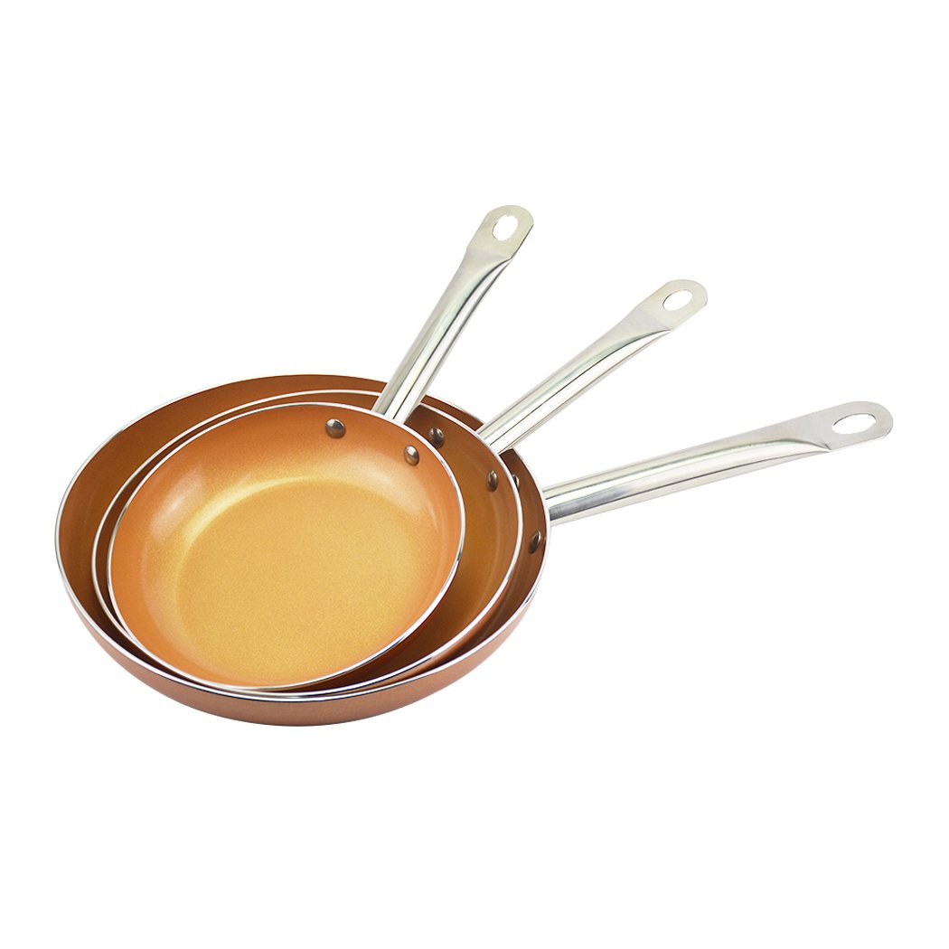 Frypan Frying Pan with non-stick copper-infused surface and stainless steel body, showcasing its lid cover and ergonomic handle.