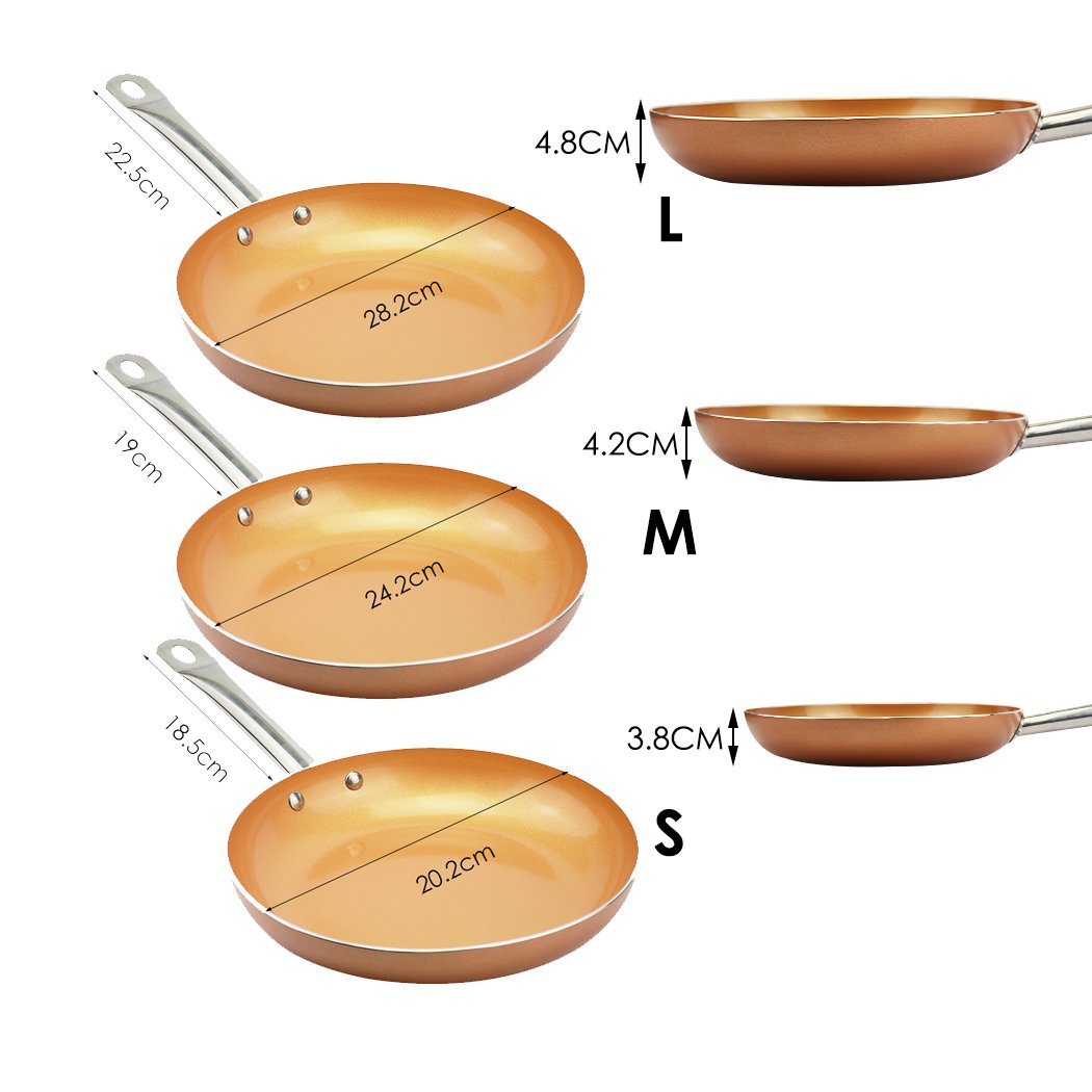 Frypan Frying Pan with non-stick copper-infused surface and stainless steel body, showcasing its lid cover and ergonomic handle.