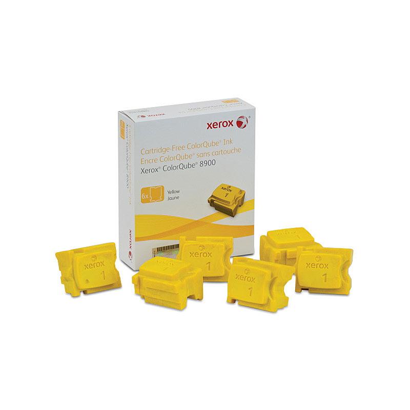 FUJI XEROX Phaser 108R01032 Yellow Ink toner cartridge with packaging, showcasing its vibrant yellow color.