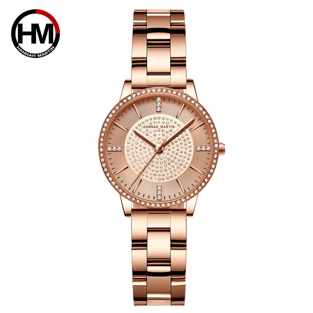 Elegant women's wristwatch featuring a full solid stainless steel strap, rose gold accents, and sparkling rhinestones, perfect for luxury styling.