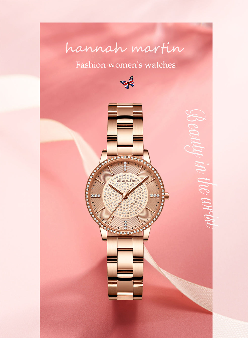 Elegant women's wristwatch featuring a full solid stainless steel strap, rose gold accents, and sparkling rhinestones, perfect for luxury styling.