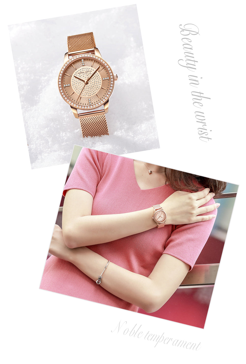 Elegant women's wristwatch featuring a full solid stainless steel strap, rose gold accents, and sparkling rhinestones, perfect for luxury styling.