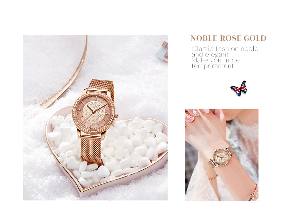 Elegant women's wristwatch featuring a full solid stainless steel strap, rose gold accents, and sparkling rhinestones, perfect for luxury styling.