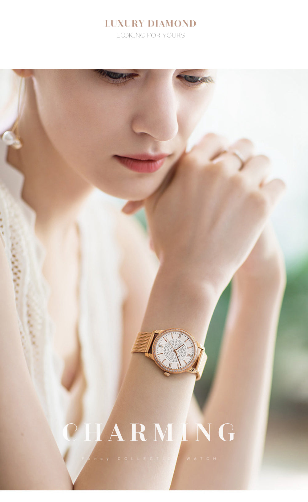 Elegant women's wristwatch featuring a full solid stainless steel strap, rose gold accents, and sparkling rhinestones, perfect for luxury styling.