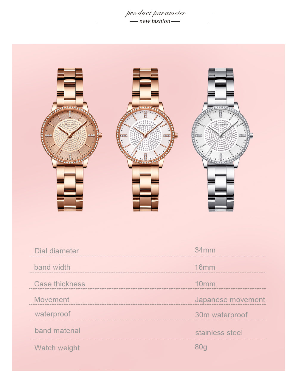 Elegant women's wristwatch featuring a full solid stainless steel strap, rose gold accents, and sparkling rhinestones, perfect for luxury styling.