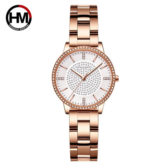 Elegant women's wristwatch featuring a full solid stainless steel strap, rose gold accents, and sparkling rhinestones, perfect for luxury styling.