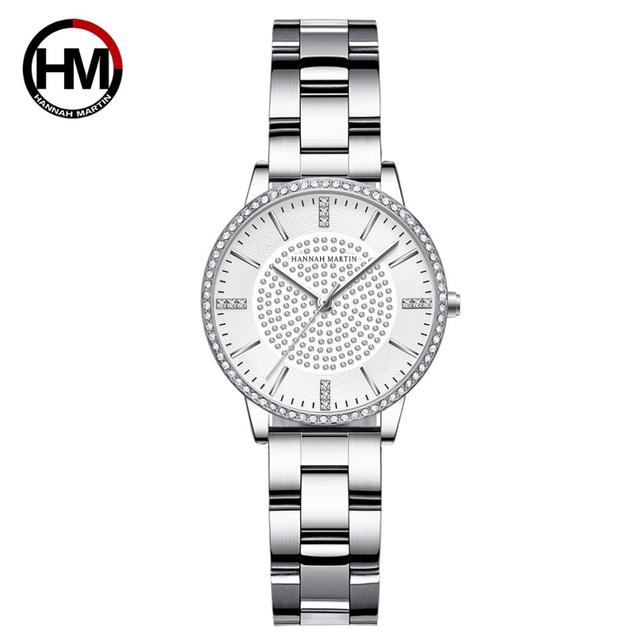 Elegant women's wristwatch featuring a full solid stainless steel strap, rose gold accents, and sparkling rhinestones, perfect for luxury styling.