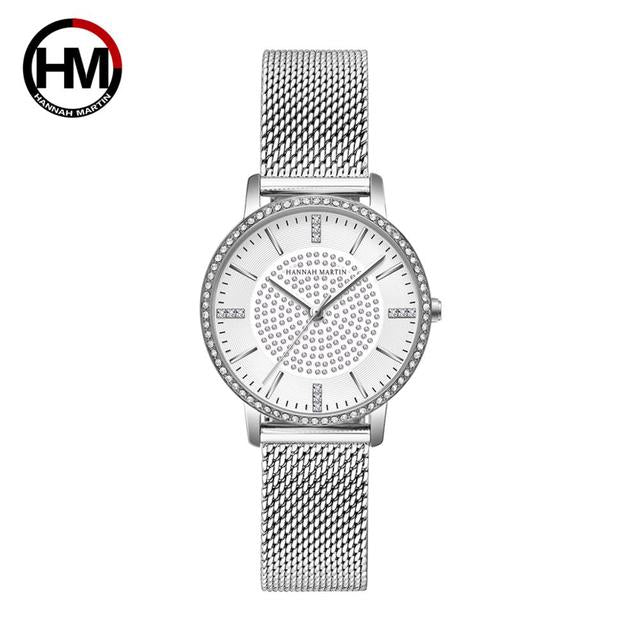 Elegant women's wristwatch featuring a full solid stainless steel strap, rose gold accents, and sparkling rhinestones, perfect for luxury styling.