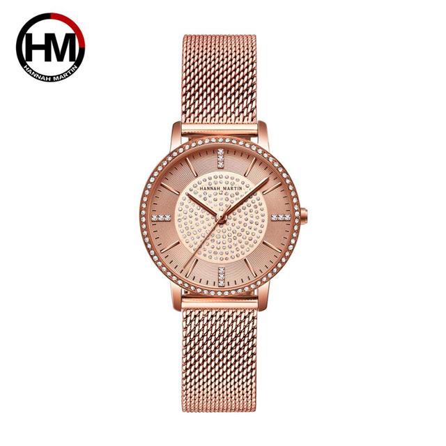 Elegant women's wristwatch featuring a full solid stainless steel strap, rose gold accents, and sparkling rhinestones, perfect for luxury styling.