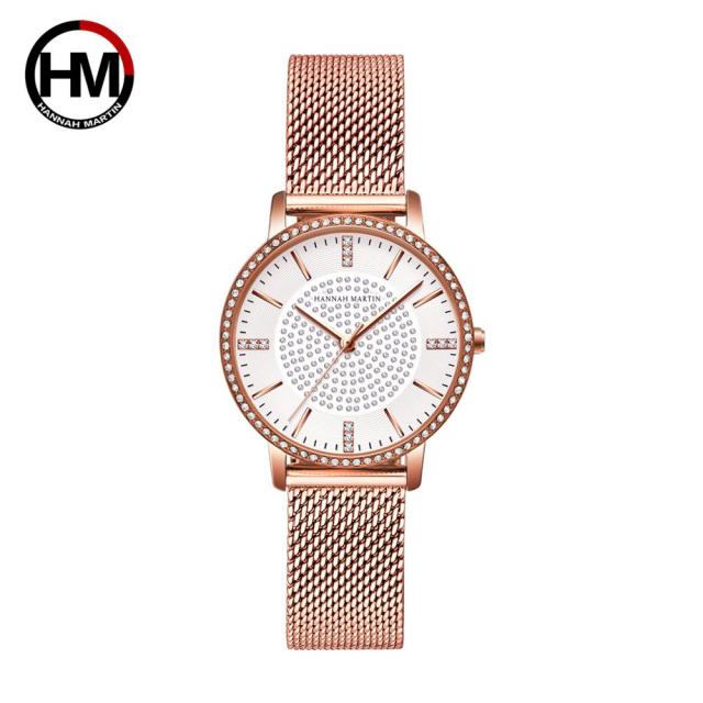 Elegant women's wristwatch featuring a full solid stainless steel strap, rose gold accents, and sparkling rhinestones, perfect for luxury styling.