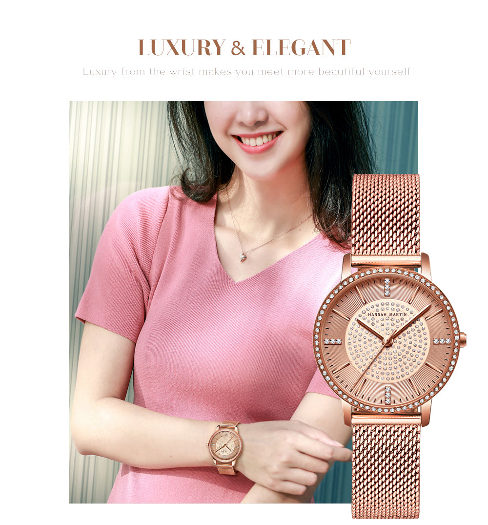 Elegant women's wristwatch featuring a full solid stainless steel strap, rose gold accents, and sparkling rhinestones, perfect for luxury styling.