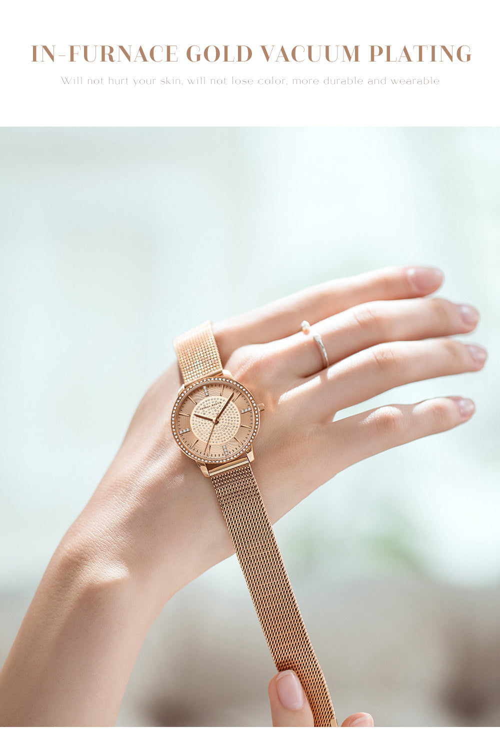 Elegant women's wristwatch featuring a full solid stainless steel strap, rose gold accents, and sparkling rhinestones, perfect for luxury styling.