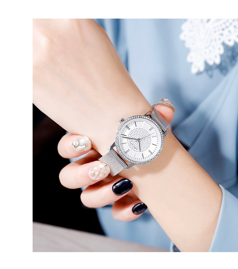 Elegant women's wristwatch featuring a full solid stainless steel strap, rose gold accents, and sparkling rhinestones, perfect for luxury styling.