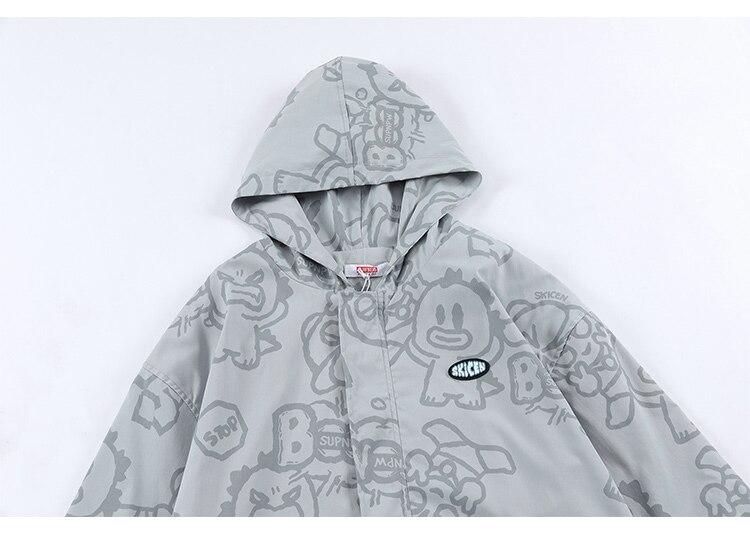 A stylish Funny Cute Cartoon Print Hooded Jacket for men, featuring a playful cartoon design, zipper closure, and a loose baggy fit, available in multiple colors.