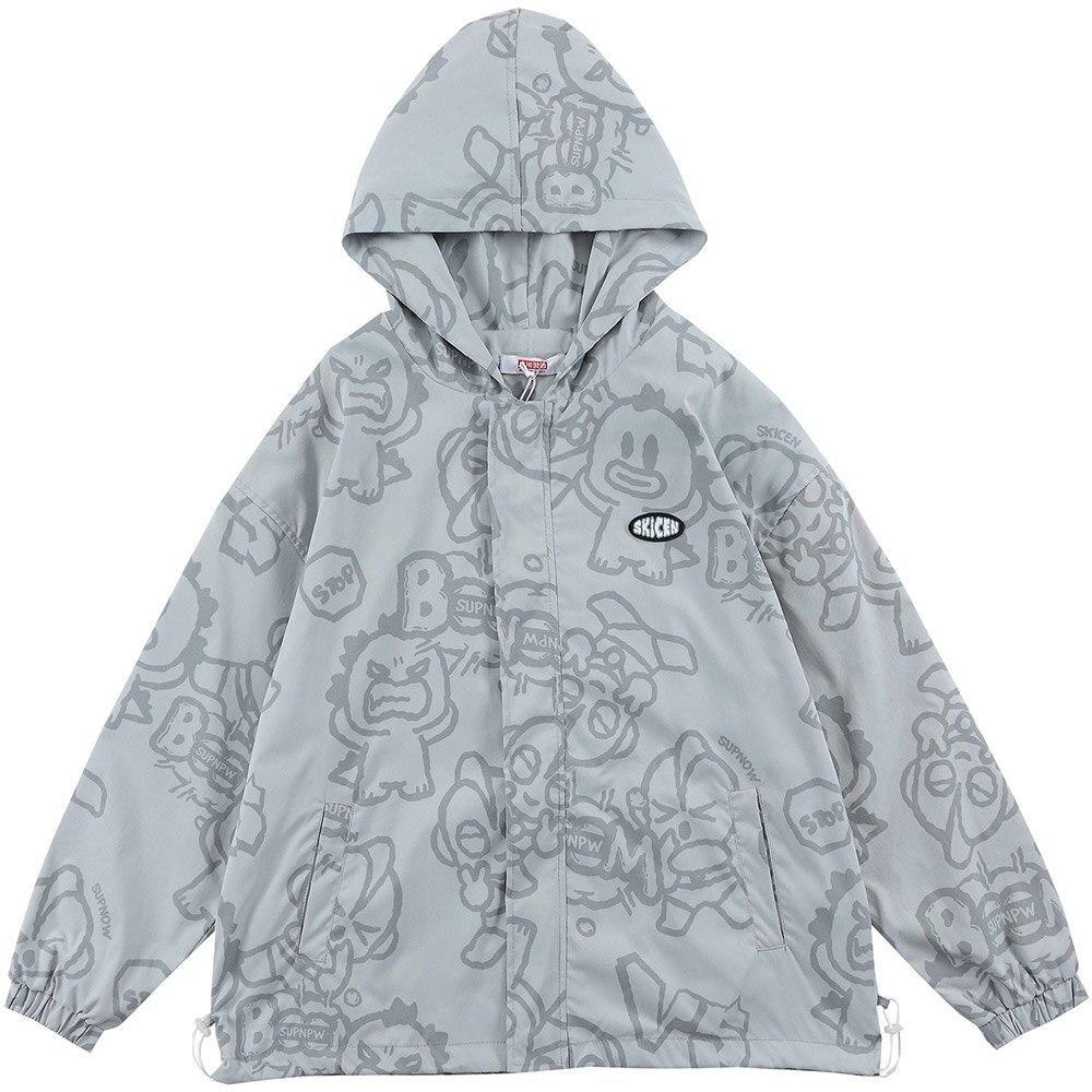 A stylish Funny Cute Cartoon Print Hooded Jacket for men, featuring a playful cartoon design, zipper closure, and a loose baggy fit, available in multiple colors.