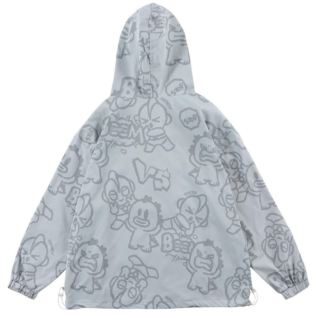 A stylish Funny Cute Cartoon Print Hooded Jacket for men, featuring a playful cartoon design, zipper closure, and a loose baggy fit, available in multiple colors.