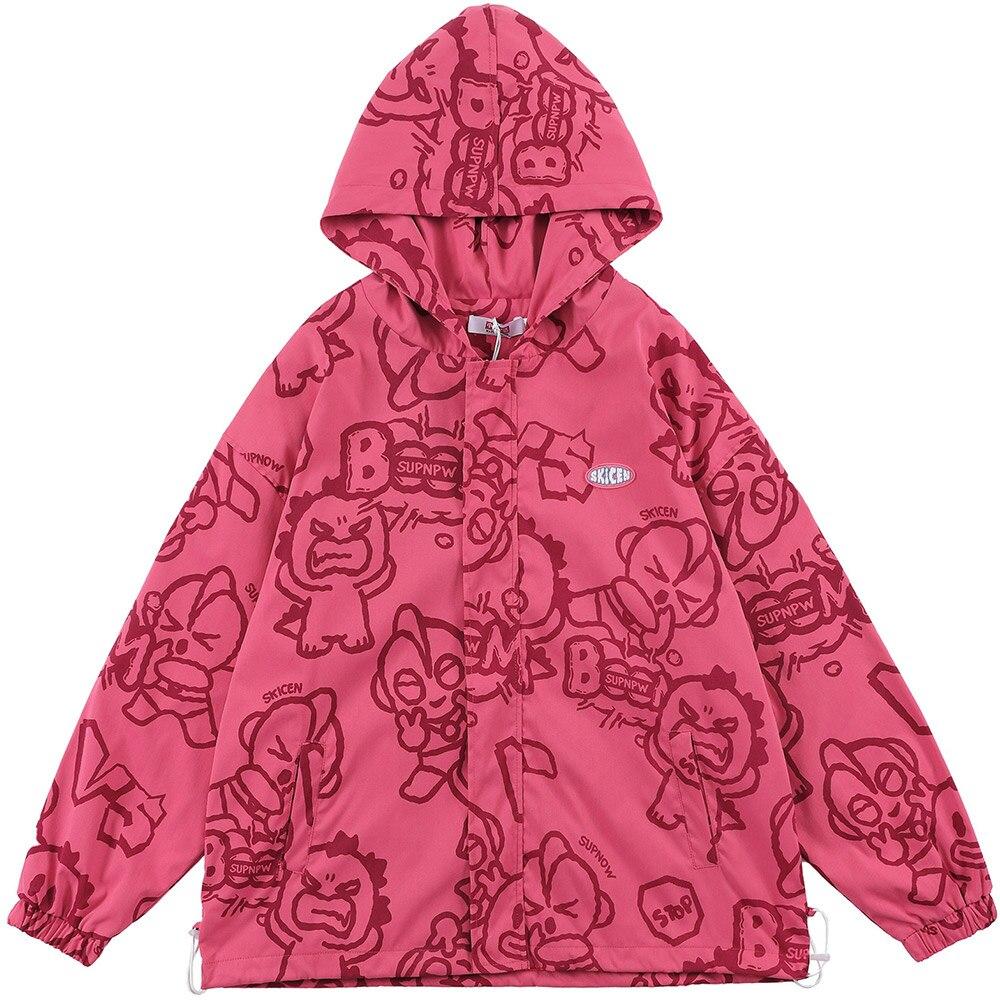 A stylish Funny Cute Cartoon Print Hooded Jacket for men, featuring a playful cartoon design, zipper closure, and a loose baggy fit, available in multiple colors.