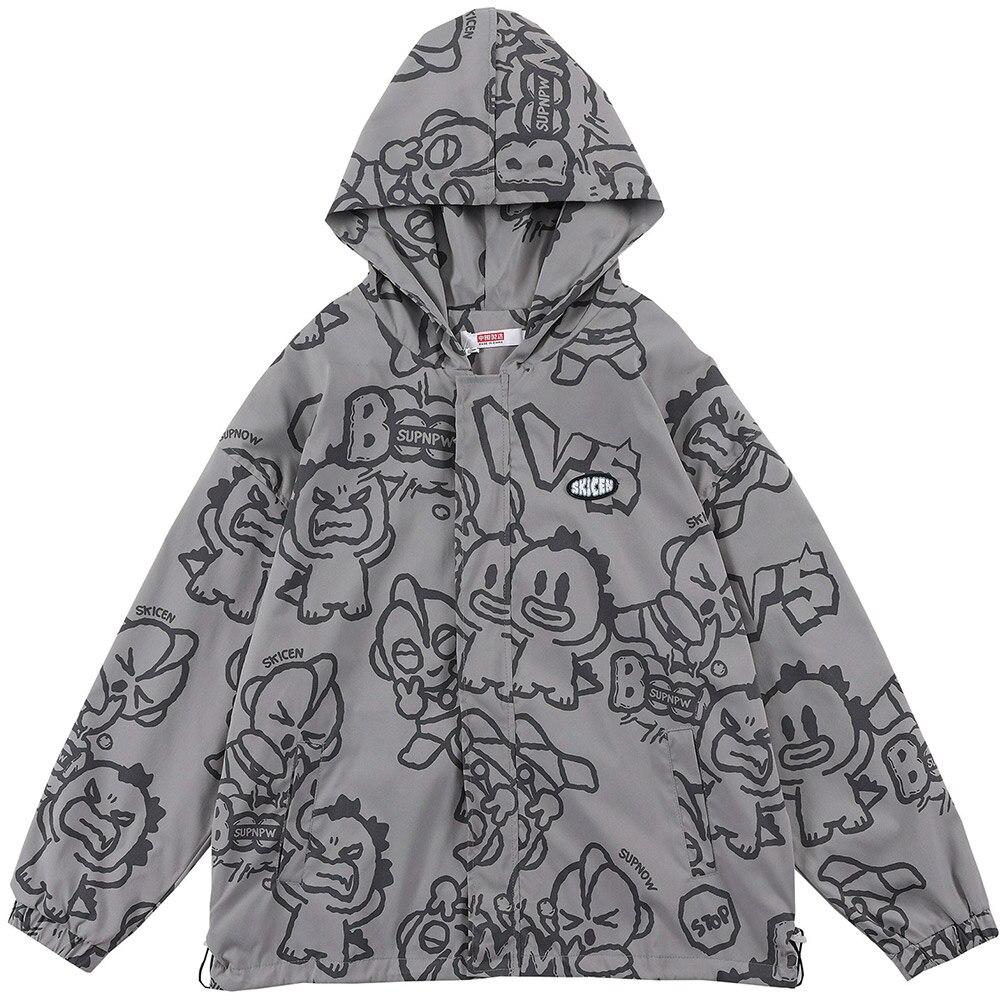 A stylish Funny Cute Cartoon Print Hooded Jacket for men, featuring a playful cartoon design, zipper closure, and a loose baggy fit, available in multiple colors.