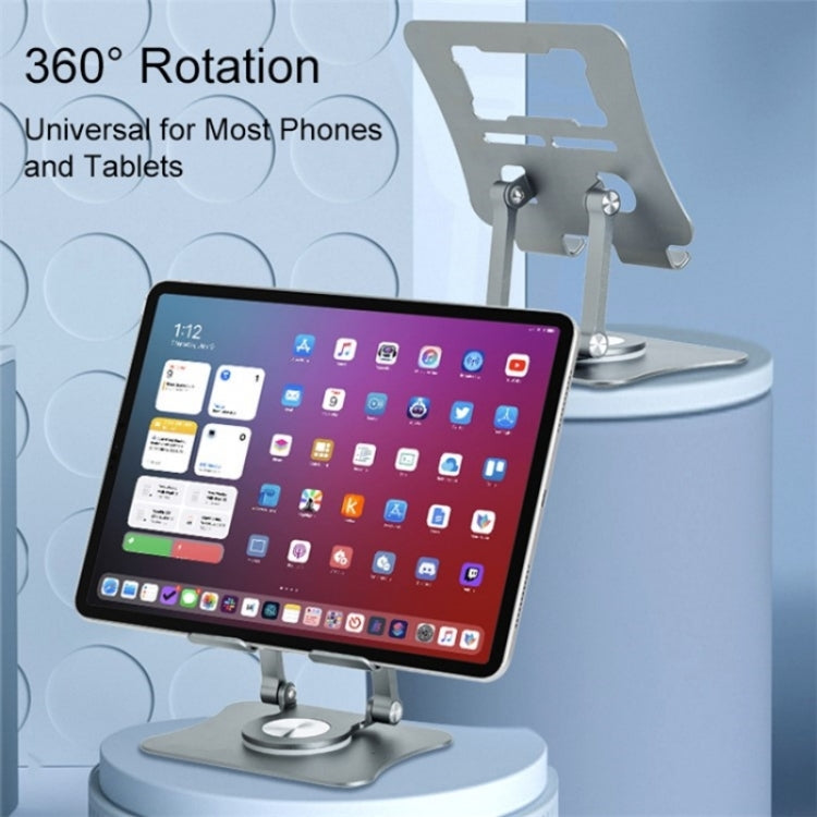 G68 360-Degree Rotating Foldable Phone Tablet Desktop Holder in dark color, showcasing its adjustable angles and sturdy base.