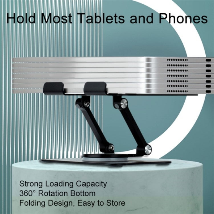 G68 360-Degree Rotating Foldable Phone Tablet Desktop Holder in silver, showcasing its sleek aluminum design and adjustable features.