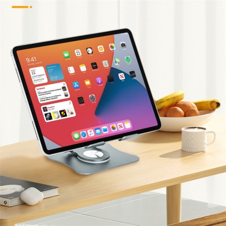 G68 360-Degree Rotating Foldable Phone Tablet Desktop Holder in silver, showcasing its sleek aluminum design and adjustable features.