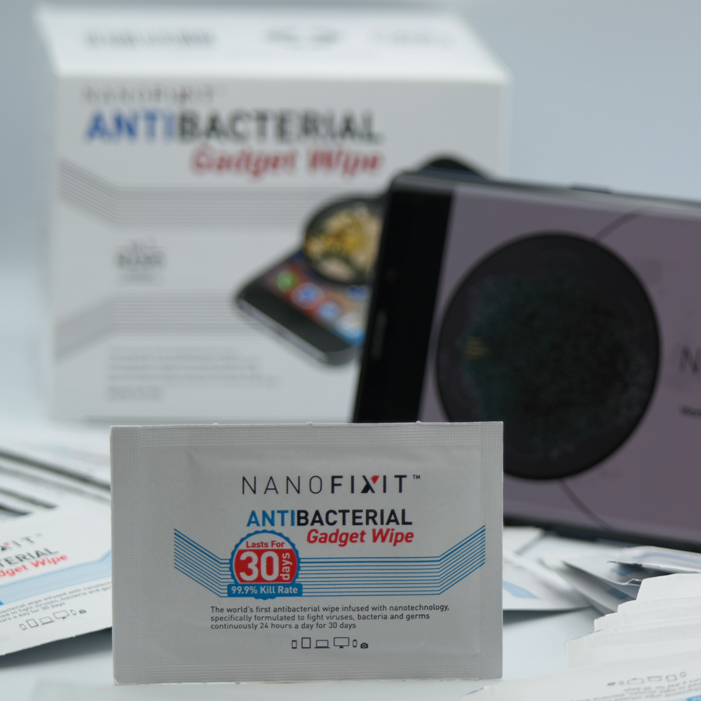 Nanofixit Antibacterial Gadget Wipe showcasing its packaging and design, emphasizing its antibacterial properties.