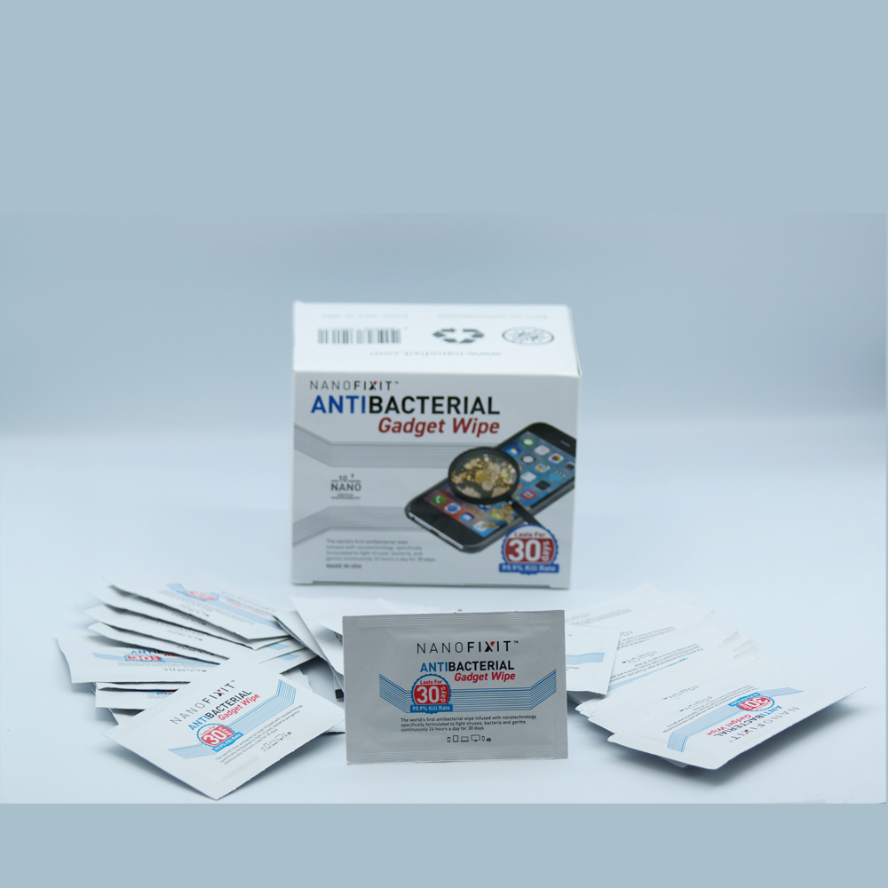 Nanofixit Antibacterial Gadget Wipe showcasing its packaging and design, emphasizing its antibacterial properties.