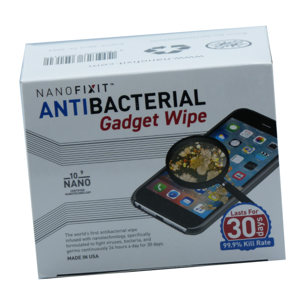 Nanofixit Antibacterial Gadget Wipe showcasing its packaging and design, emphasizing its antibacterial properties.