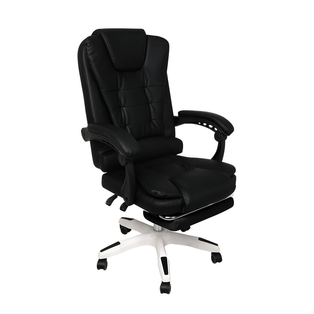 Gaming chair with PU leather upholstery, adjustable height, reclining backrest, and retractable footrest, designed for comfort and support.