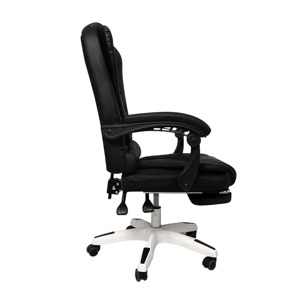 Gaming chair with PU leather upholstery, adjustable height, reclining backrest, and retractable footrest, designed for comfort and support.