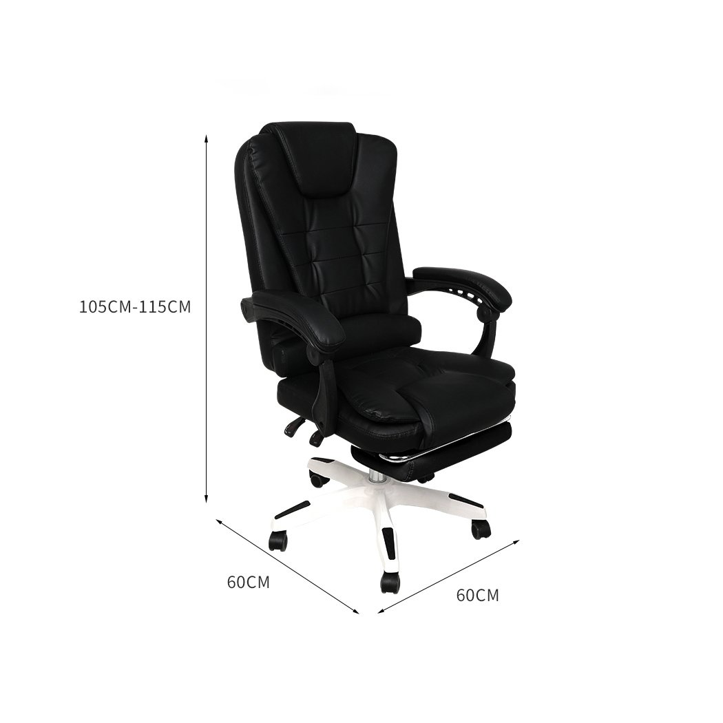 Gaming chair with PU leather upholstery, adjustable height, reclining backrest, and retractable footrest, designed for comfort and support.