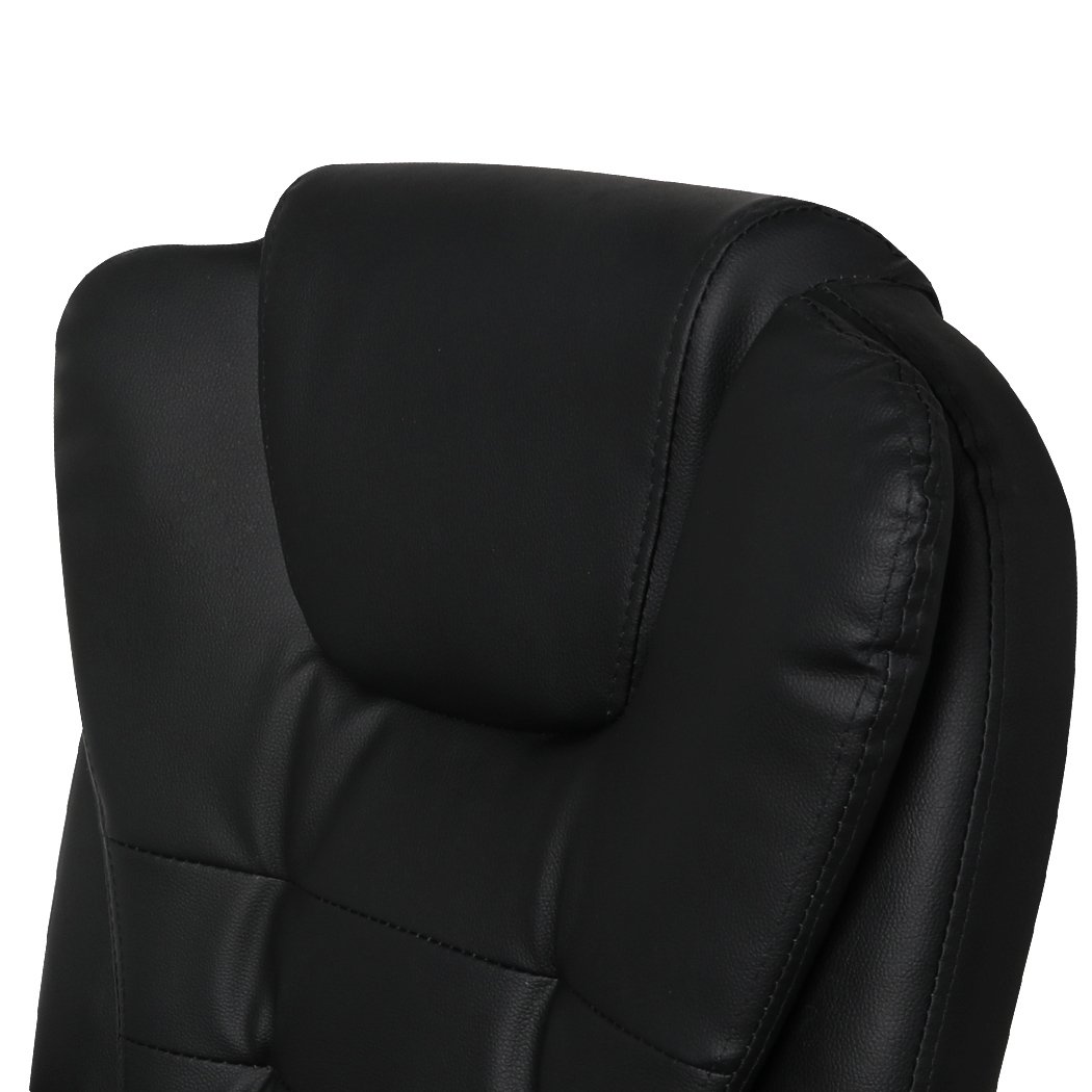 Gaming chair with PU leather upholstery, adjustable height, reclining backrest, and retractable footrest, designed for comfort and support.