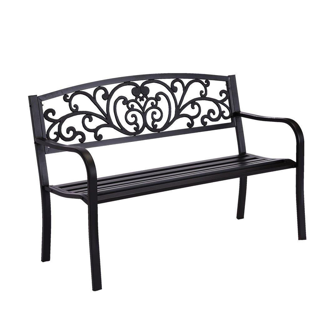 A stylish black garden bench made of galvanized steel and cast iron, featuring a floral backrest and smooth armrests, perfect for outdoor relaxation.