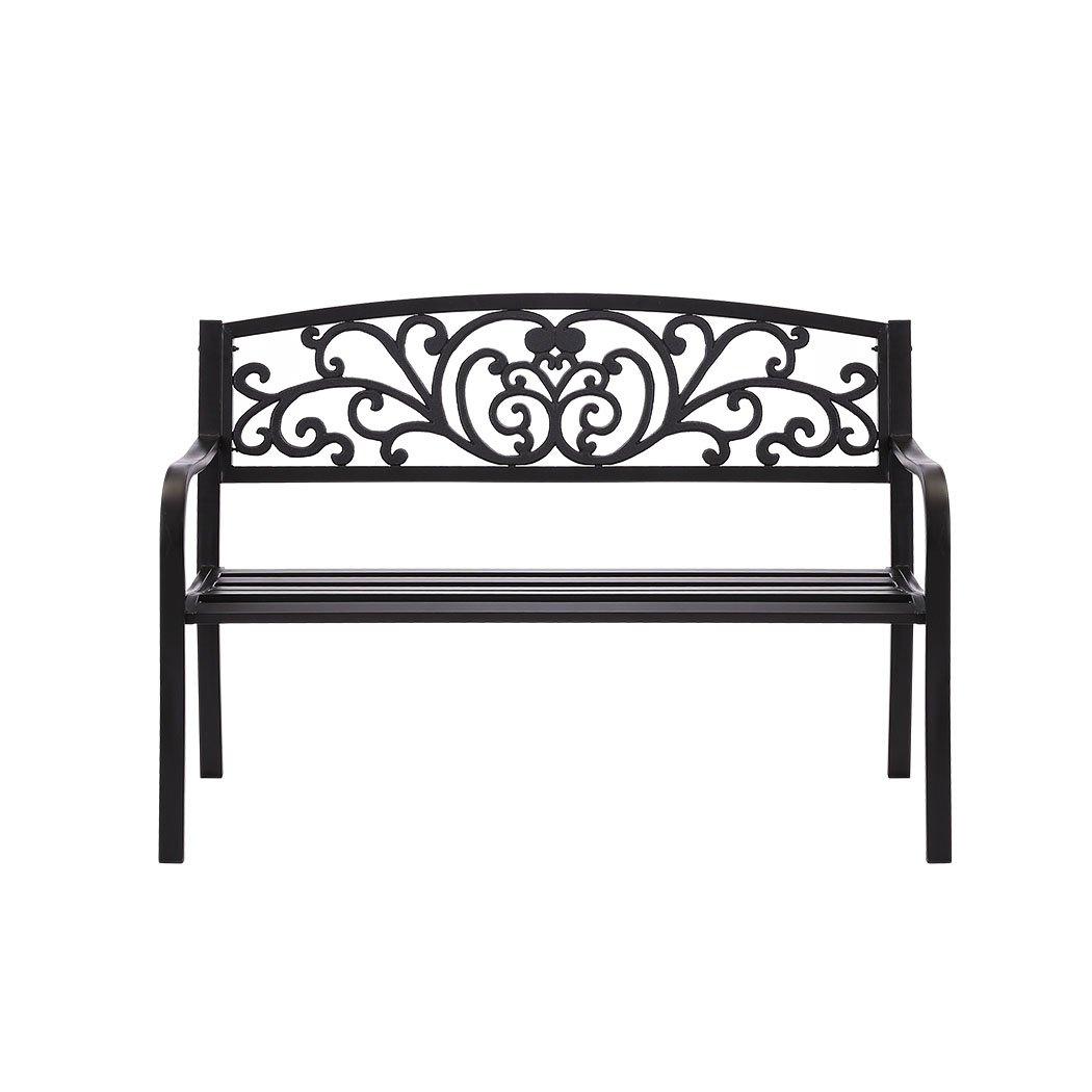 A stylish black garden bench made of galvanized steel and cast iron, featuring a floral backrest and smooth armrests, perfect for outdoor relaxation.