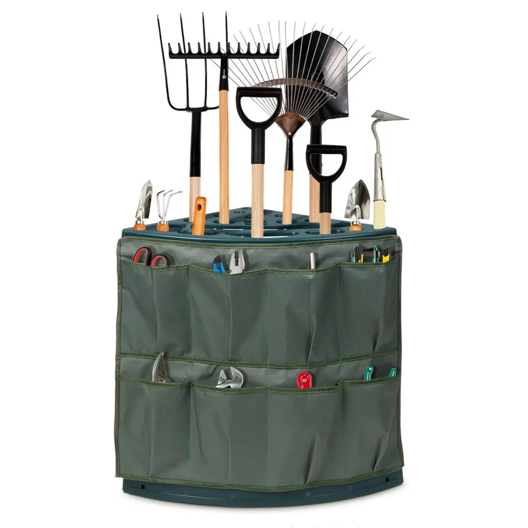 Garden Tools Rack with 27 slots and a large storage pouch, designed for organizing gardening tools in a compact space.