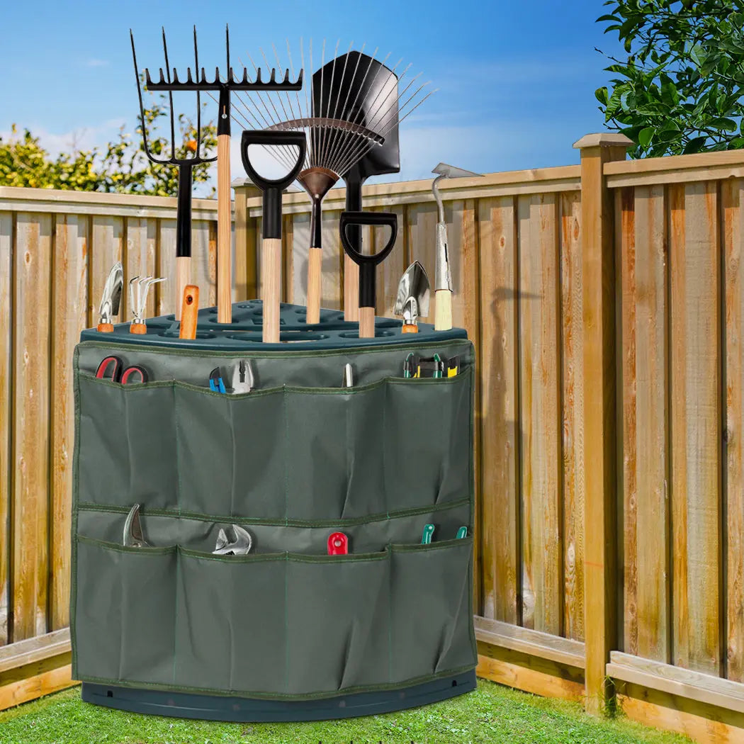 Garden Tools Rack with 27 slots and a large storage pouch, designed for organizing gardening tools in a compact space.