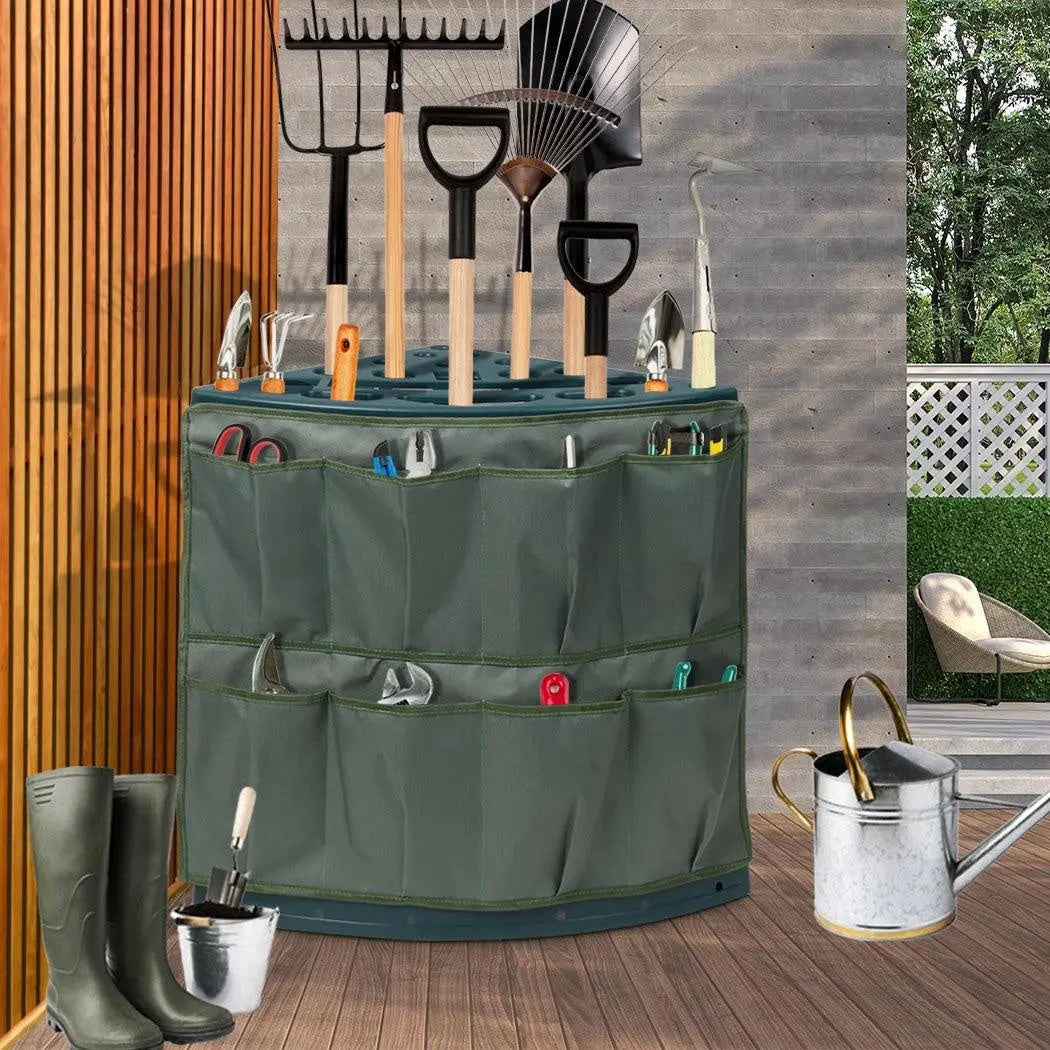 Garden Tools Rack with 27 slots and a large storage pouch, designed for organizing gardening tools in a compact space.